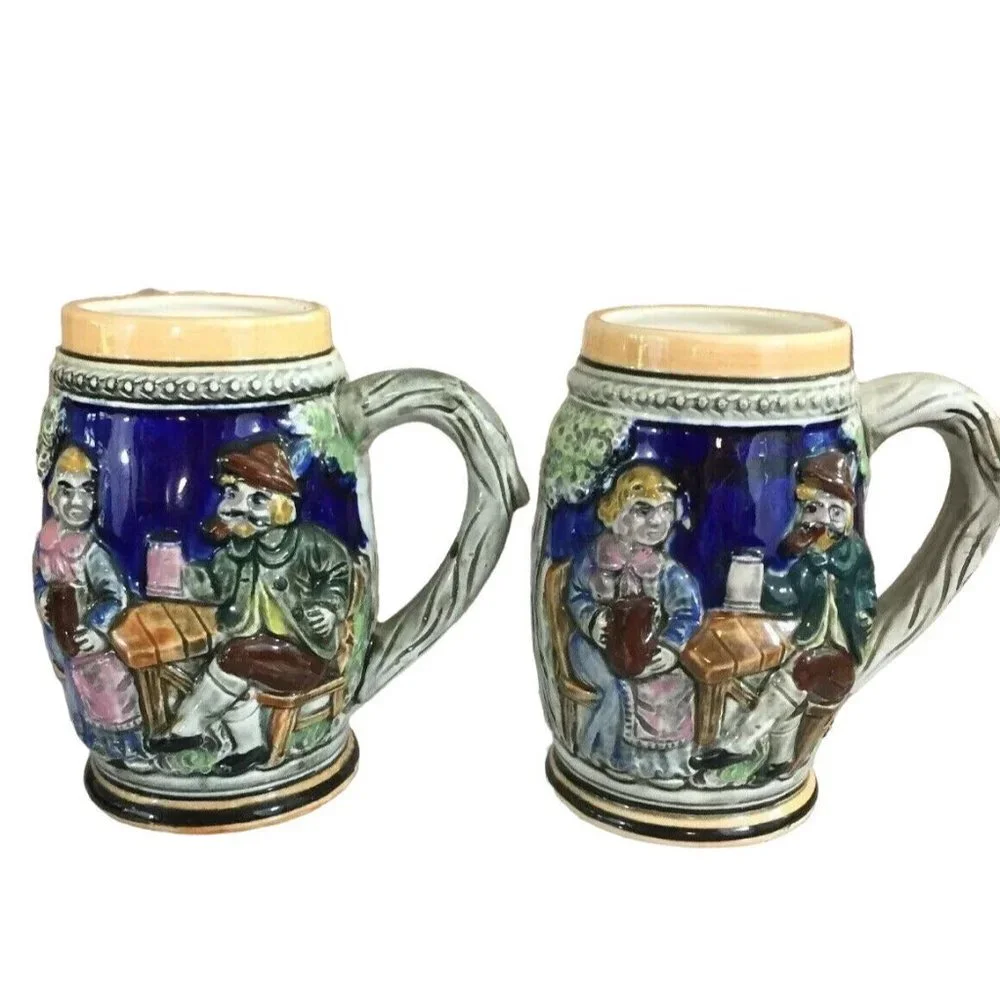 VTG German Style Beer Stein‎ Mugs Pair 5.5
